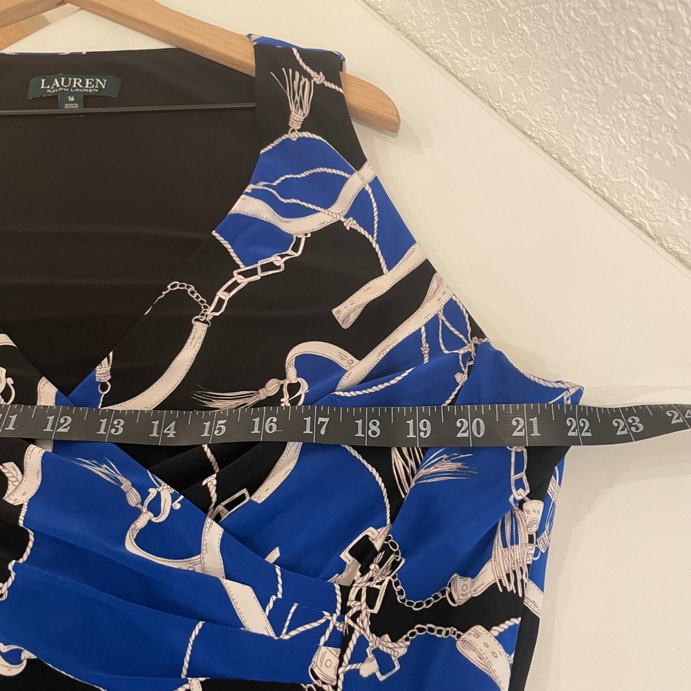 Lauren Ralph Lauren Blue Black Equestrian Chain Print Faux Wrap Dress Size 16 - Picture 6 of 9